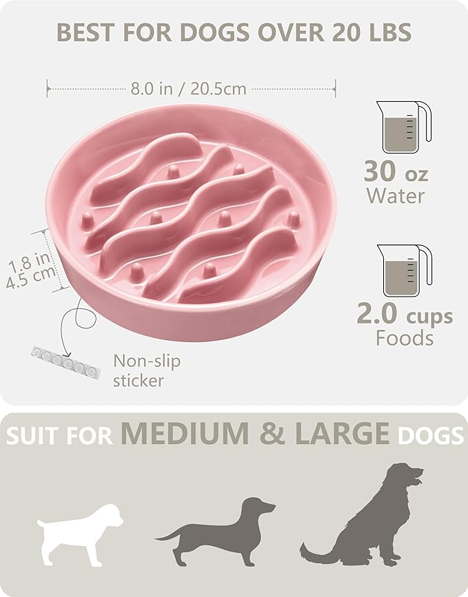 Ceramic Slow Feeder Dog Bowls for Medium and Large Dogs, 2.0 Cups Dog Slow Feeder for Fast Eater, 30oz, 8in, Salmon Pink