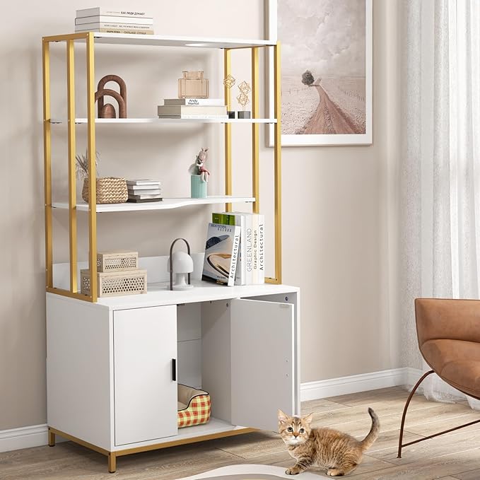 PETSITE Cat Litter Box Furniture with 3 Shelves and Doors, 61 inch Tall Cat Box Enclosure with Display Shelves, Scratching Pad, Indoor Hidden Litter Box with Decorative Storage Shelving (White)