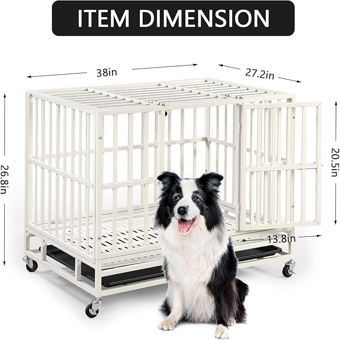 Escape-Proof Heavy Duty 38" Dog Crate, Indestructible Steel Kennel for Large & High-Anxiety Dogs with with Removable Tray, Double Door Design with 4 Wheels and Reinforced Baseplate
