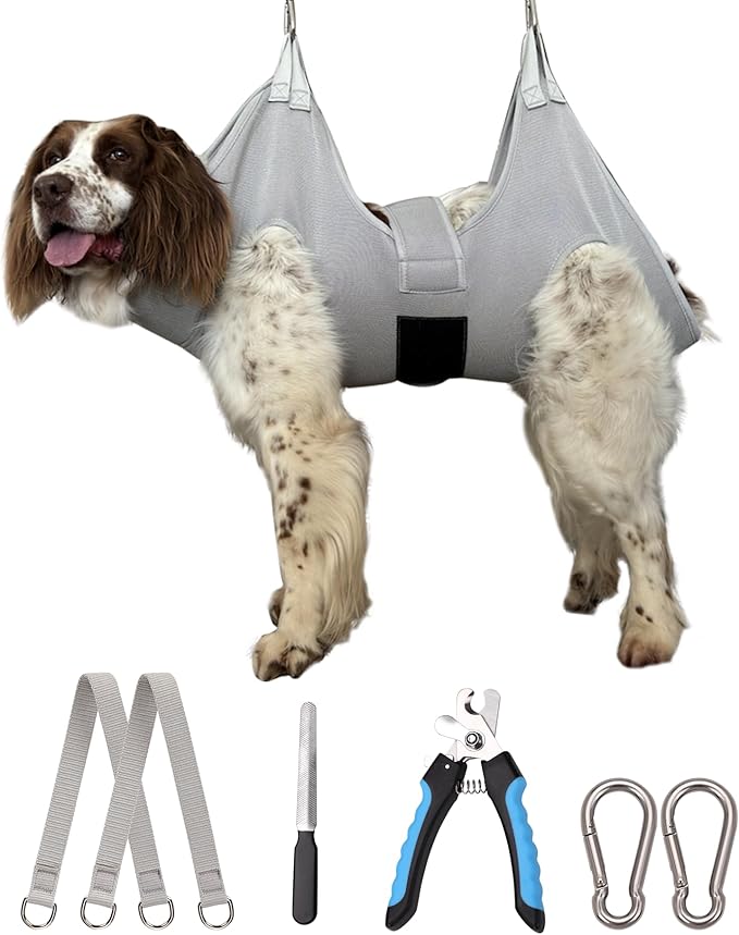 Dog Grooming Hammock Hanging Harness for Nail Trimming,X-Large Dog Grooming Sling with Thick Neck Support,Gray Dog Hanger Holder Restraint for Pet Grooming