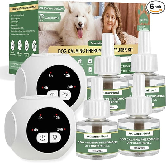 Dog Calming Pheromone Diffuser Kit with Timer – 2 Plug-Ins + 4 Refills – Smart 4-Level Timing Calming Aid – Stress Relief for Dogs – Help with Anxiety, Barking, Fighting, Thunder, Travel, Vet Visits