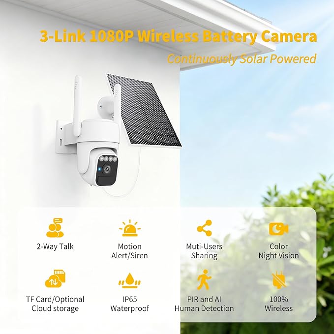 Solar Security Cameras Wireless Outdoor, 360°View, Color Night Vision, SD/Cloud Storage, Auto Tracking, 2-Way Talk, 2.4GHz WiFi, IP65 Waterproof