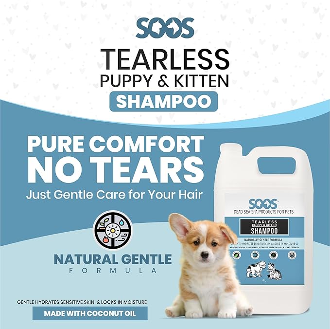 Soos Pets Pet Shampoo Natural Dead Sea Tear-Less Fast Absorbing with Vitamins Minerals Essential Oils Natural Elements for Puppy and Kitten - 1x Pet Shampoo (4L / 1.32 gal)
