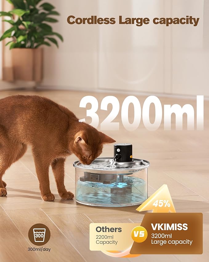 Battery Operated Cat Water Fountain: Wireless Pet Fountain with Filter - 108oz/3.2L Cordless Cat Dispenser with Motion Sensor Rechargeable Automatic Drinking Fountains for Cats Indoor - Plastic Model