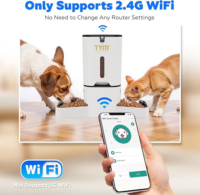 TYM Dual Automatic Cat Feeder 2 Cats, 7L Timed Cat Food Dispenser for Multiple Pets, Double Auto Dog Feeder with Slow Feed, WiFi Programmable Feeders Smart App Control, Steel Double Bowls Easy Clean