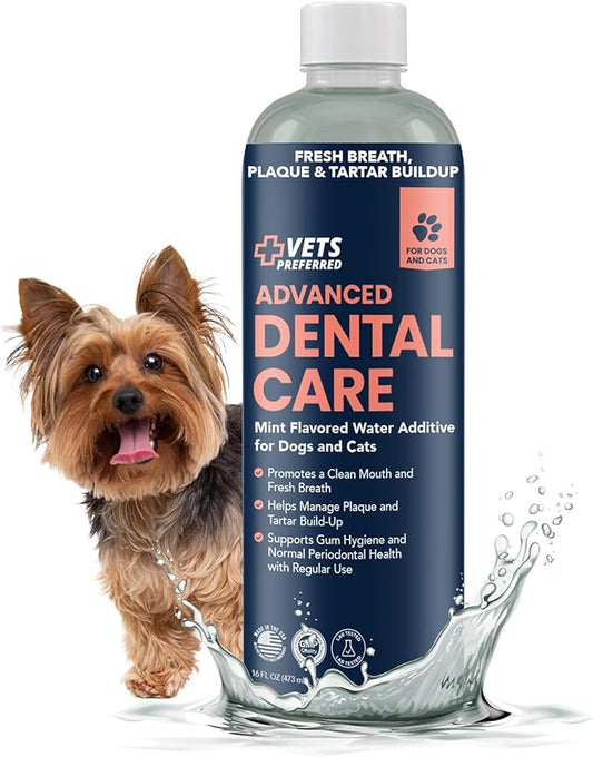 Vets Preferred Dog Breath Freshener & Water Additive for Dental Care – Fights Bad Breath, Removes Tartar & Plaque – Dog Mouthwash for Healthy Teeth & Gums, Gingivitis Support – Mint Flavor