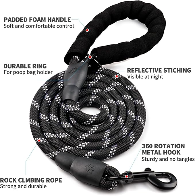 COOYOO Dog Leash 5/6 FT with Comfortable Padded Handle and Highly Reflective Threads for Small Medium and Large Dogs