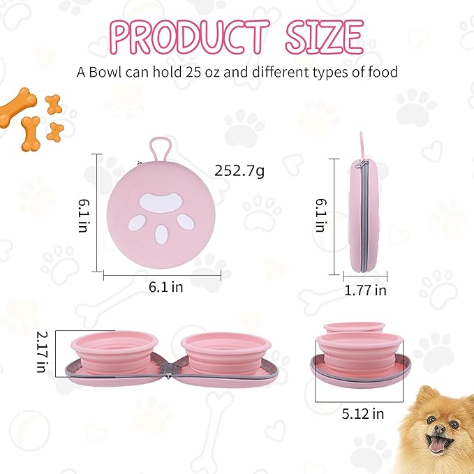Collapsible Dog Bowls, 2-in-1 Pet Portable Travel Double Bowl Water Food Feeder Traveling Camping & Walking 25oz Pink
