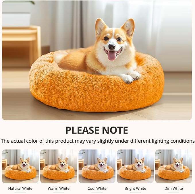 JOLLYVOGUE Calming Small Dog & Cat Bed for Indoor Cats - 20 inches Washable Donut Bed for Kittens & Puppies, Anti-Anxiety Round Fluffy Plush Pet Beds (Fits up to 15 lbs, Orange)