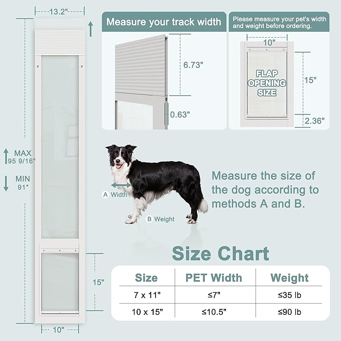 Dog Door for Sliding Glass Doors, Adjustable Height 91"-95 9/16" Aluminum Frame Tempered Sliding Door Dog Doors Insert with Lock,XL Transparent 10" x 15" Flap Size for Large Dogs
