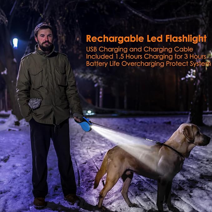 Retractable Dog Leash with Chew Proof Cable and LED Flashlight, 16Ft Heavy Duty Dog Leash for Medium Large Dogs up to 110lbs, 360° No Tangle (Blue+16ft+LED)