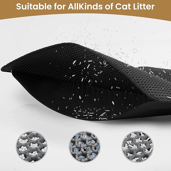 Cat Litter Mat 30x24 Inches, Honeycomb Double Layer Traps Litter & Waterproof Leatherette Bottom Prevents Urine Leaks, Durable & Easy Clean Pet Floor Protector for Cat Litter Box Area（Black）