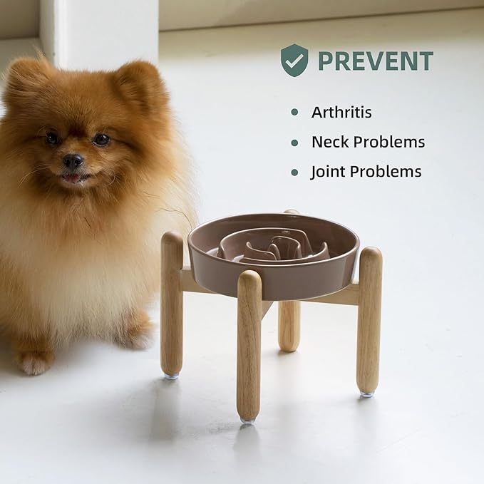 Ceramic 1.2 Cup Raised Slow Feeder Dog Bowl Set, Elevated Wooden Stand for Medium and Small Dog, 7.3inch Puzzle Slow Dish, Preventing Choking(Brown Coffee, Single Bowl+ Stand)