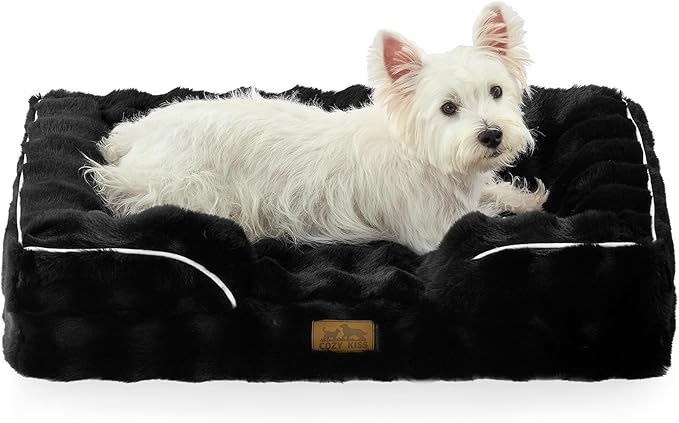 Orthopedic Dog Bed for Medium Small Size Dog, Soft and Warm Faux Fur Sofa for Pet Up to 40 lbs, Foam Bolster Anti-Slip Couch with Washable Removable Cover, M 30x20x6.5 inch, Black