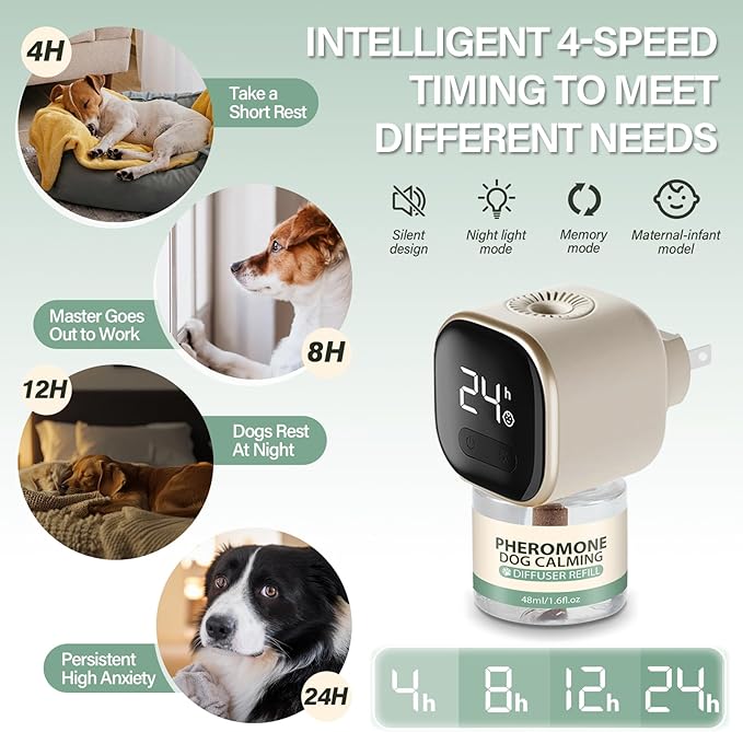 Dog Calming Pheromones Diffuser 6 in 1 Appeasing Relaxing Diffuser with Timing Function Pet Kit (3 Plug in +3 Refill 48ml) for Anxiety Relief Reduce Aggression Barking Fighting Stress (Tasteless)