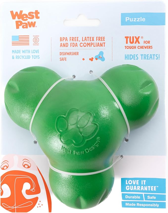 WEST PAW Tux Large Durable Dog Chew Toy and Treat Dispenser for Strong Chewers- Tough Interactive Design for Enrichment Training Play and Long Lasting Fun Made in USA Dishwasher Safe - Clover Green