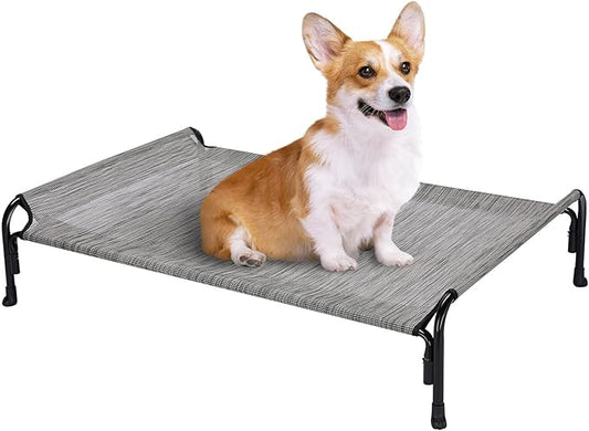Veehoo Outdoor Elevated Dog Bed, Raised Dog Cot for Small Medium Dogs, Cooling Washable Waterproof Pet Hammock Beds with Slope Headrest, Breathable Mesh and Sturdy Frame, M, Black Silver, CWC2204