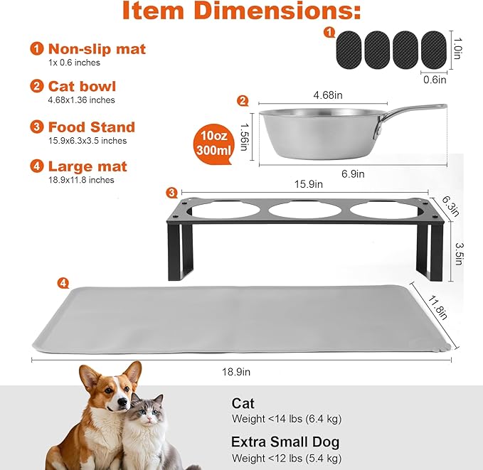 Elevated Cat Bowls with Food Mat, 10°Tilted Non-Slip Raised Cat Food Water Bowls Set, 3 Thick Stainless Steel Pets Dishes with Handles to Indoor Kitten Puppy, Anti-Vomiting Cute Metal Feeding Stand