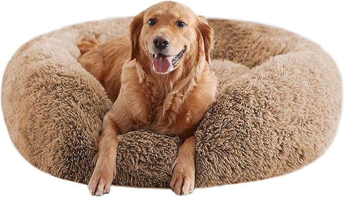 Calming Dog Beds for Large Dogs, Faux Fur Donut Cuddler Dog Bed, Round Fluffy Pillow, Washable Pet Bed for Dogs Up to 80Lbs, 36inch