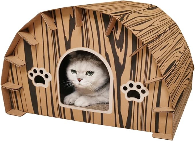Forest Lodge Cardboard Cat House with Built-in Scratchers - 20 x 16 x 13 Inch Eco-Friendly Indoor Hideout for Cats and Small Animals