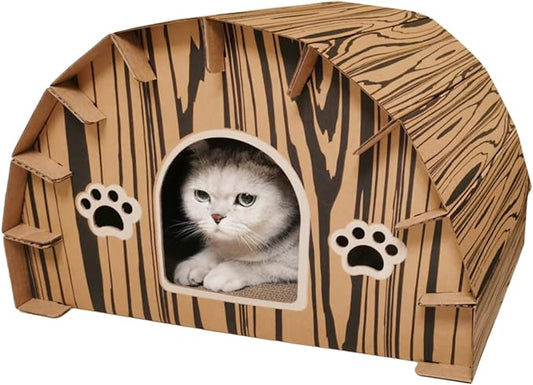 Forest Lodge Cardboard Cat House with Built-in Scratchers - 20 x 16 x 13 Inch Eco-Friendly Indoor Hideout for Cats and Small Animals