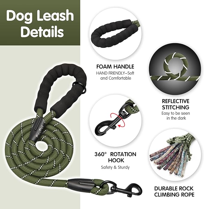 PoyPet No Pull Dog Harness and 5 Feet Leash Set, Release on Neck Reflective Adjustable Pet Vest, Front & Back 2 D-Ring and Soft Padded Pet Harness with Handle for Small to Large Dogs(Military Green,S)