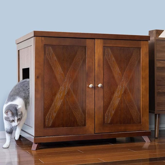 THE REFINED FELINE Cat Litter Box Enclosure Cabinet, Farmhouse, Mahogany Brown, Mid-Century Feet, XLarge, Hidden Litter Cat Furniture with Drawer