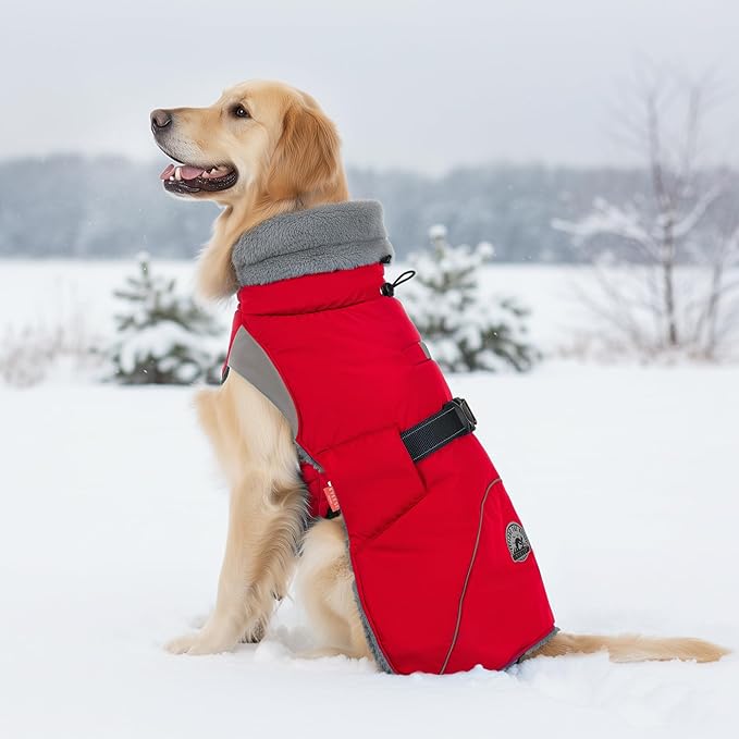 KYEESE Waterproof Dog Coat, Windproof Pet Jacket with Thick Fleece Lining, Extra Warm High Collar Dog Coats for Medium to Large Dogs with Leash Hole and Reflective Strips, Red, XX-Large
