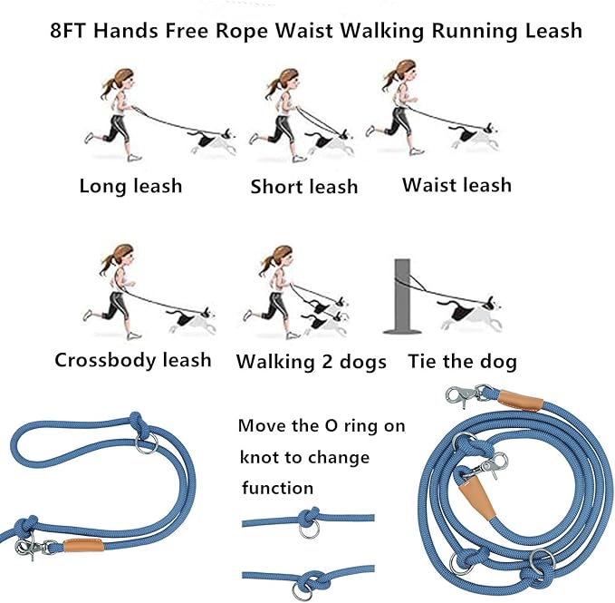 8FT Hands Free Dog Rope Leash, Waist Body Running Leash for Dog Walking (Navy Blue, 8FTx10MM)