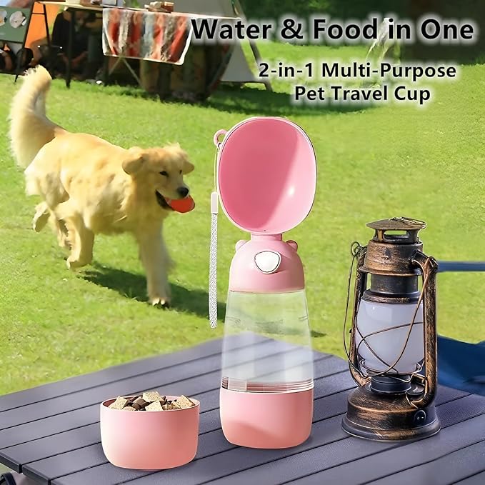 2 in 1 Dog Water Bottle with Food Container, Portable Dogs Water Dispenser, Outdoor Drink Bottles for Puppy, Cat, Pet, Essential Items for Travel, Walking, Hiking, Pet Accessories (Pink)
