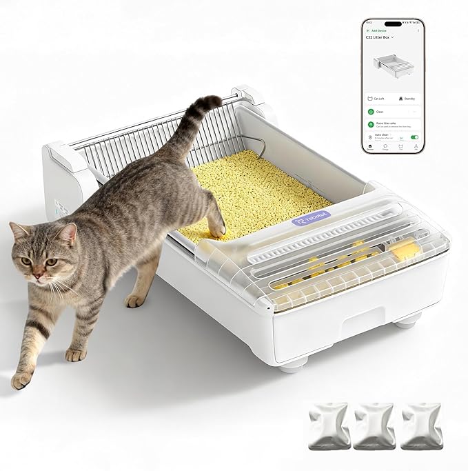 Robotail Fully-Open Automatic Self Cleaning Litter Box, Extra Large Space Electric Cat Litter Box with APP Control Health Monitor, Smart Litter Tray for Multiple Cats, Anti-Pinch Design, Odor Control