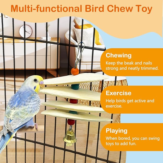 3 Pack Bird Chewing Toy Cuttlebone Parrot Toy with Bell Hanging Bird Beak Grinding Stone Parakeet Cage Accessories for Small Budgies Lovebirds Cockatiels (Flake, 4 Per Skewer)