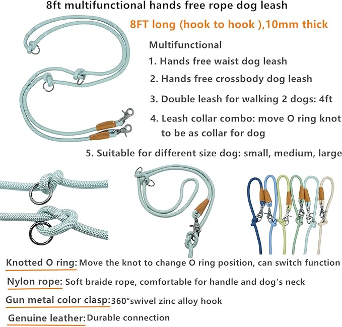 8FT Hands Free Dog Rope Leash, Waist Body Running Leash for Dog Walking (Harbor Gray, 8FTx10MM)