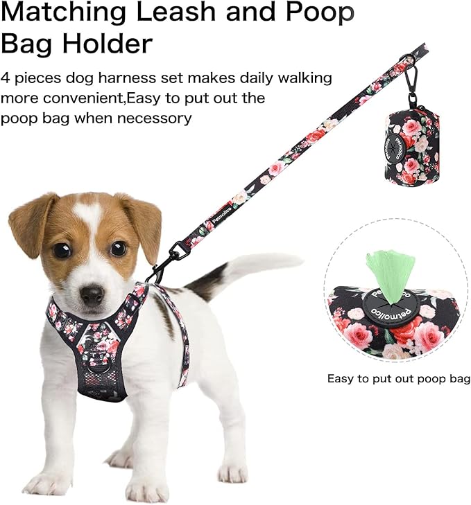 Petmolico No Pull Dog Harness Set with Leash Attachment Easy Control Handle Reflective Harness Vest Small Breed, Puppy Vest and Leash Set with Poop Bag Holder, Small - Red White Flower