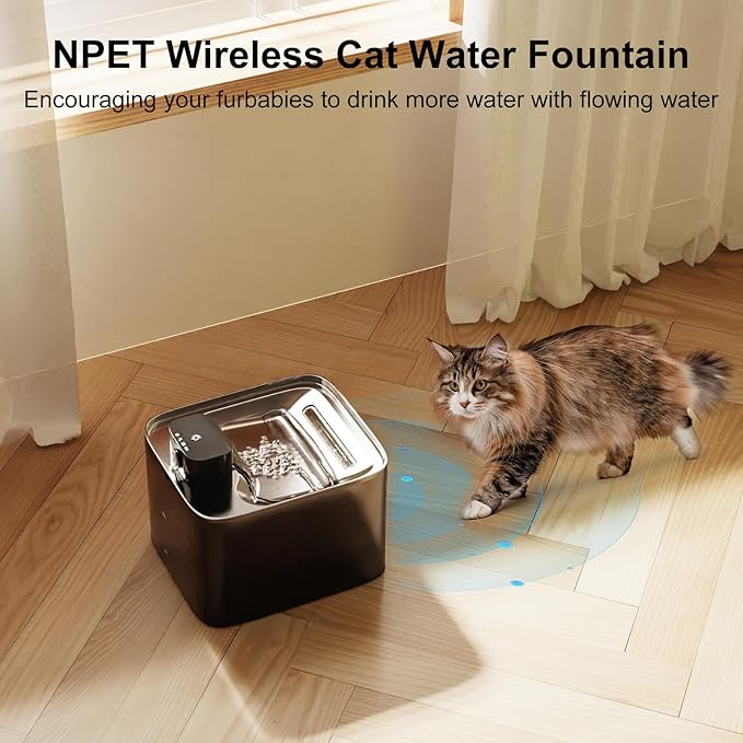NPET Wireless Cat Water Fountain, 4L/1Gallon Battery Operated Pet Fountain with Smart Motion Sensor, 4000mAh Rechargeable Battery & Quiet Pump, Automatic Cordless Water Dispenser for Cats, Dogs,Pets