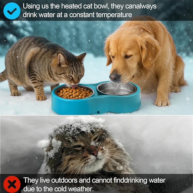 Pet Heated Bowl for Cat Dog, Freeze-Proof Warming Animal Food Feeder with Anti-Chew Cord,Waterproof & Thermostat Heating Bowls Removeable, (2 x 23 fl oz, Blue)
