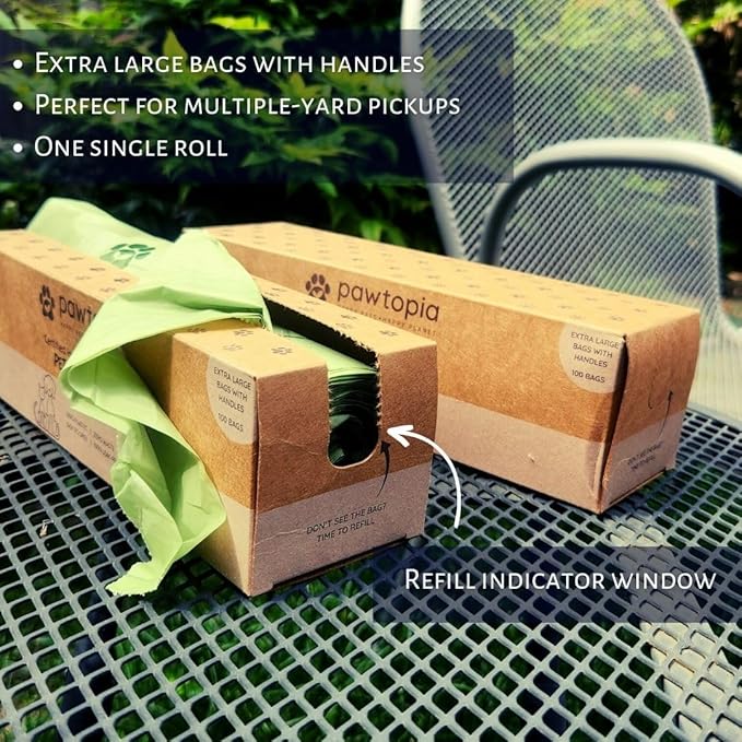 Pawtopia Pet Waste Bag Duo - 120 Standard Sized-Dog Poop Bags (8 rolls) + 100 Extra Large Cat Litter Bag with Handles (1 single roll), Vegetable Starches, Tuv Austria, Leak-Proof, Yard Pickup