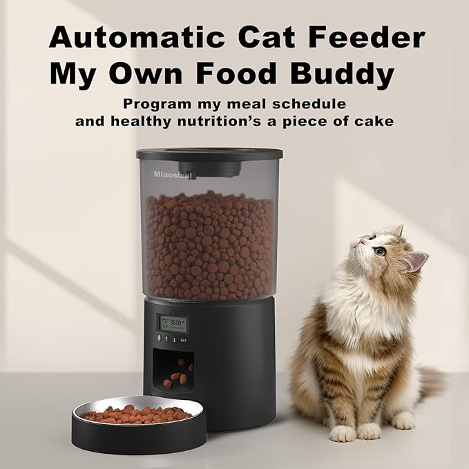 Automatic Cat Feeder with Dual Power Supply,Programmable 1-6 Meals Control Dry Cat Food Dispenser for Small Dog,Flexible Schedule Timer,10S Voice Record (Black, 4.2L Basic Model)