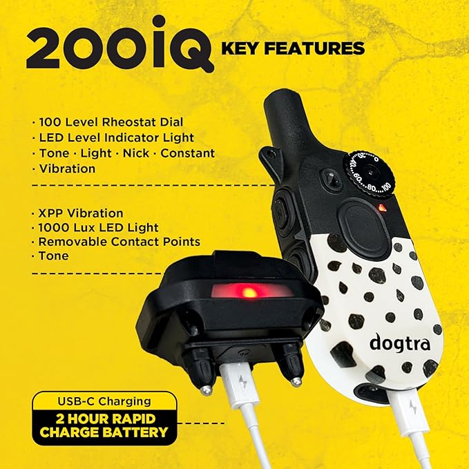 Dogtra 200iQ Remote Training E Collar – 100 Levels, Tone, Vibration, 1/2 Mile Range – Compact, Waterproof, One-Handed Control for Dogs 10 lbs+ – Lightweight Design for Daily Training – Modern Dots