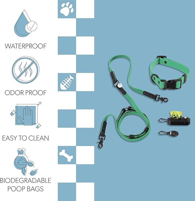 WLK1005K-5SET Luna Medium 8FT Adjustable 6-in-1 Waterproof Hands-Free Leash and Collar with LED Flashlight, Bag Dispenser, and Poop Bag Holder, Julep