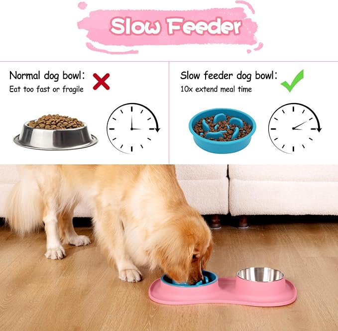 MateeyLife Dog Food Bowl Set 3 in 1, Dog Bowls & Water Stainless Steel Bowl with Non-Spill Silicone Mat, Slow Feeder Bowls for Small, Medium, Large Breeds, Cat Feeding Dish to Anti-Choking