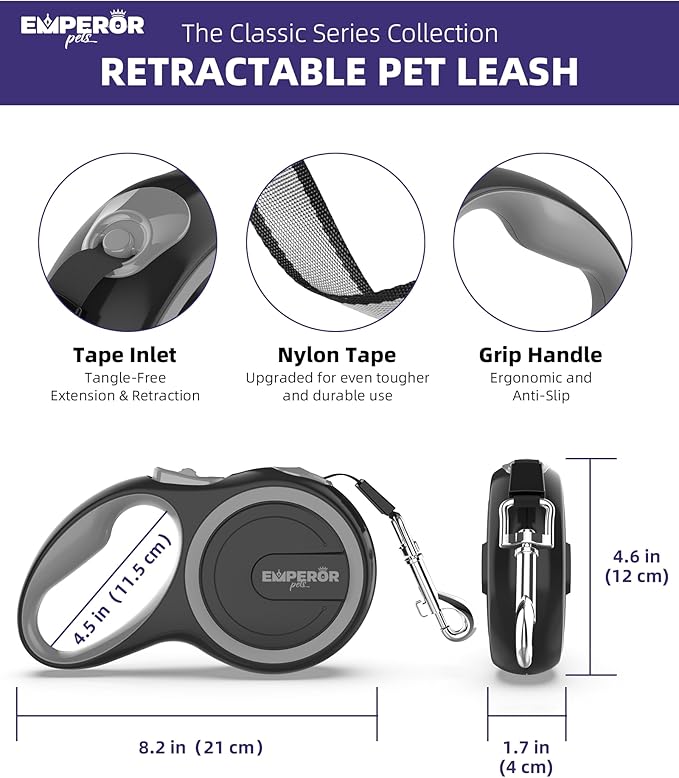 Emperor Pets 16 ft Retractable Dog Leash - Heavy Duty Retractable Pet Leash with Anti-Slip Grip - Reflective Dog Leash Tape for Medium to Large Dogs up to 100 lbs -GY16