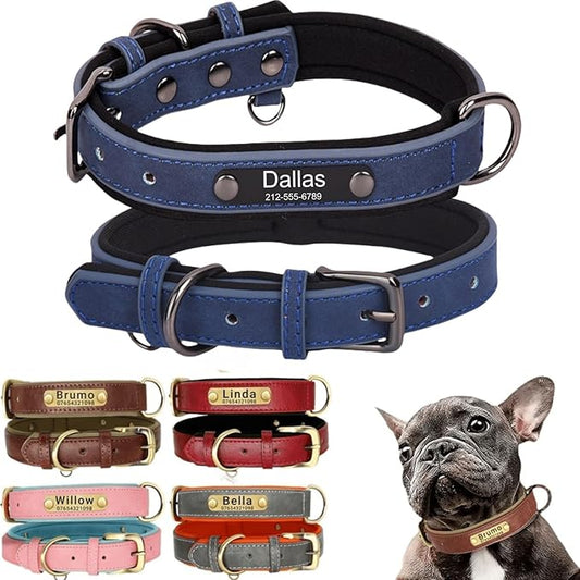 Leather Dog Collar Personalised and Leash Set, Personalized with Soft Padded Design Heavy Duty Featuring Custom Engraved Name Plate for Small Medium and Large Dogs