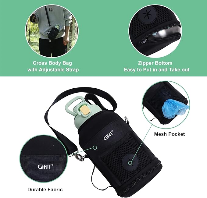 GiNT 37oz Insulated Stainless Steel Dog & Human Water Bottle | Leakproof Travel Dispenser with Detachable 10oz Bowl, 24H Cold/12H Hot, Carrying Case for Walking, Hiking,Camping & Outdoor Travel(Green)