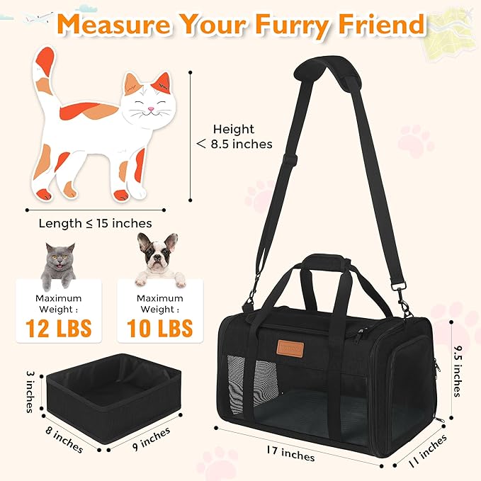 PETUX Cat Travel Carrier with Litter Box - 17"x11"x9.5", TSA Airline Approved, Underseat, Soft Sided Pet Carrier for Small Cats Under 12 lb with Safety Zipper, Anti-Scratch Mesh - Black