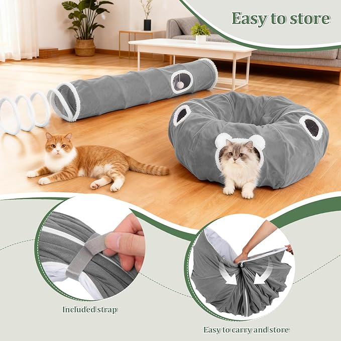 Ownpets 2-in-1 Cat Tunnel, Large Lollipop Shape Cat Tunnel Toy with Fluffy Balls, Spiral Toy, Plush Collapsible Cat Cave Hideout Donut Tunnel for Multi Kitten Puppy Rabbit (Grey)