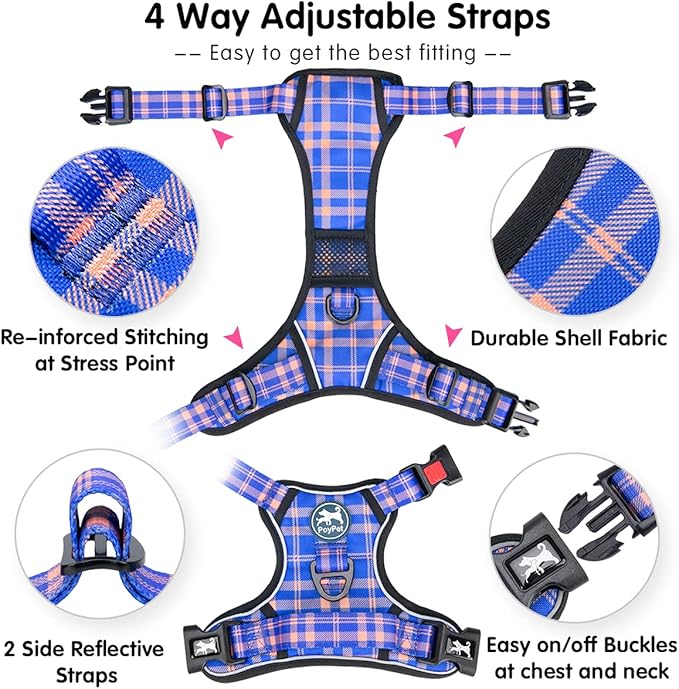 PoyPet No Pull Dog Harness, Reflective Adjustable No Choke Pet Vest with Front & Back 2 Leash Attachments, Soft Control Training Handle for Small Medium Large Dogs(Checkered Blue & Orange,M)