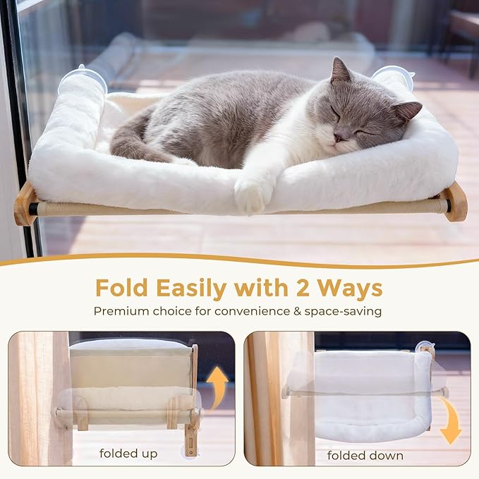 Pecute Foldable Cat Window Perch, Cloud-Soft Cat Bed with Solid Wood Frame, Strong Suction Cup, Washable Cushion, Stable Large Cats Hammock with Sided Bolster, Cats Perch Indoor for Sunbathing, White