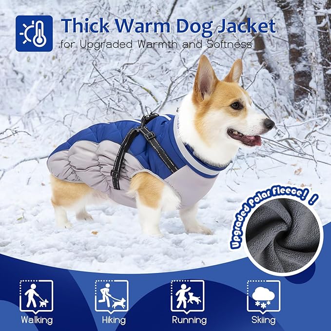 Dog Winter Coat with Harness, Dog Jacket, Pet Clothes with Zipper on Back, Waterproof Windproof Warm Vest, Reflective Cold Weather Coats, for Small Medium Large Dogs, Thick, Blue, 3XL