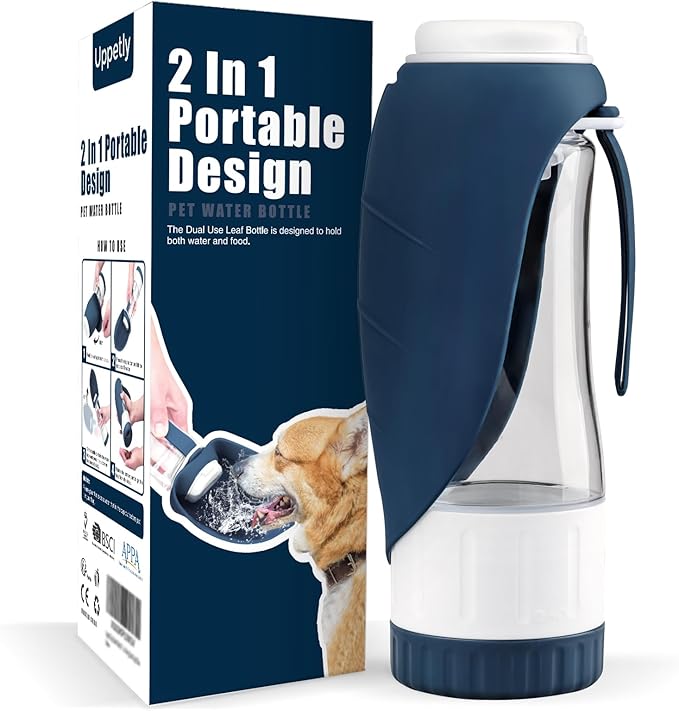 Dog Water Bottle, Pet Water Bottle with Food Container and Drinking Feeder, Leak Proof, BPA-Free, Portable Foldable Puppy Water Cup Dispenser for Outdoor Walking, Travel, Small Dark Blue